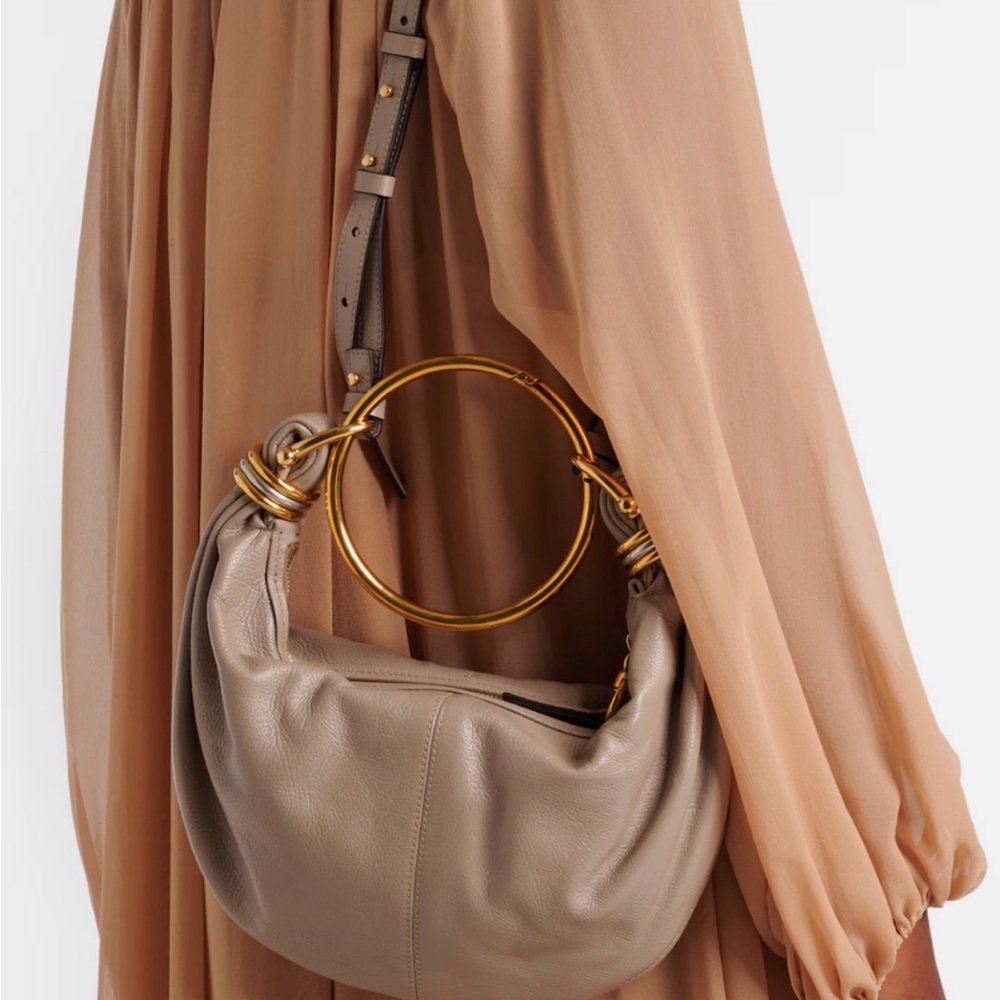 Chloe Taupe Leather Hobo Bag with Gold Rings